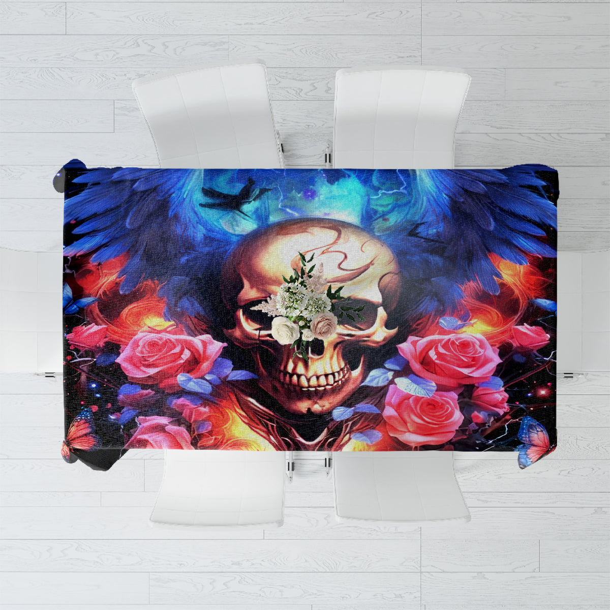 Fairy skull tablecloth with colorful skull, roses, and blue flames graphic on black