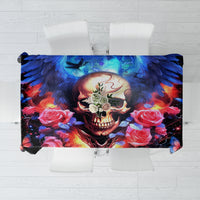 Fairy skull tablecloth with colorful skull, roses, and blue flames graphic on black