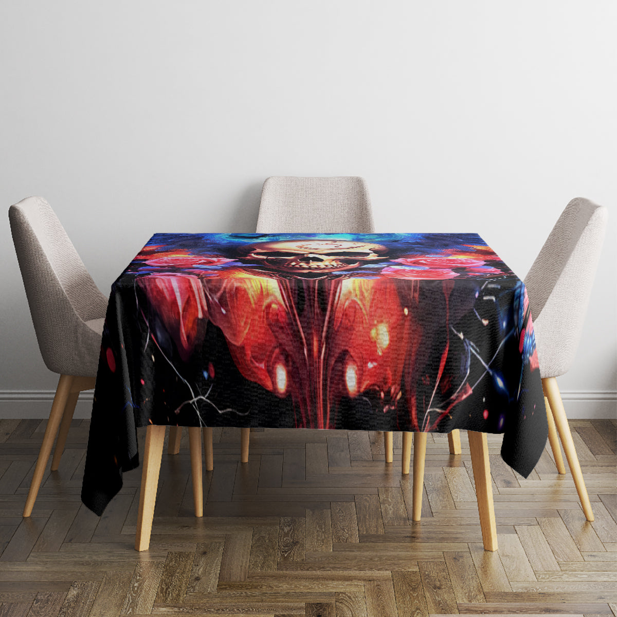 Black fairy skull tablecloth with glowing red-and-blue fantasy design, centered on table
