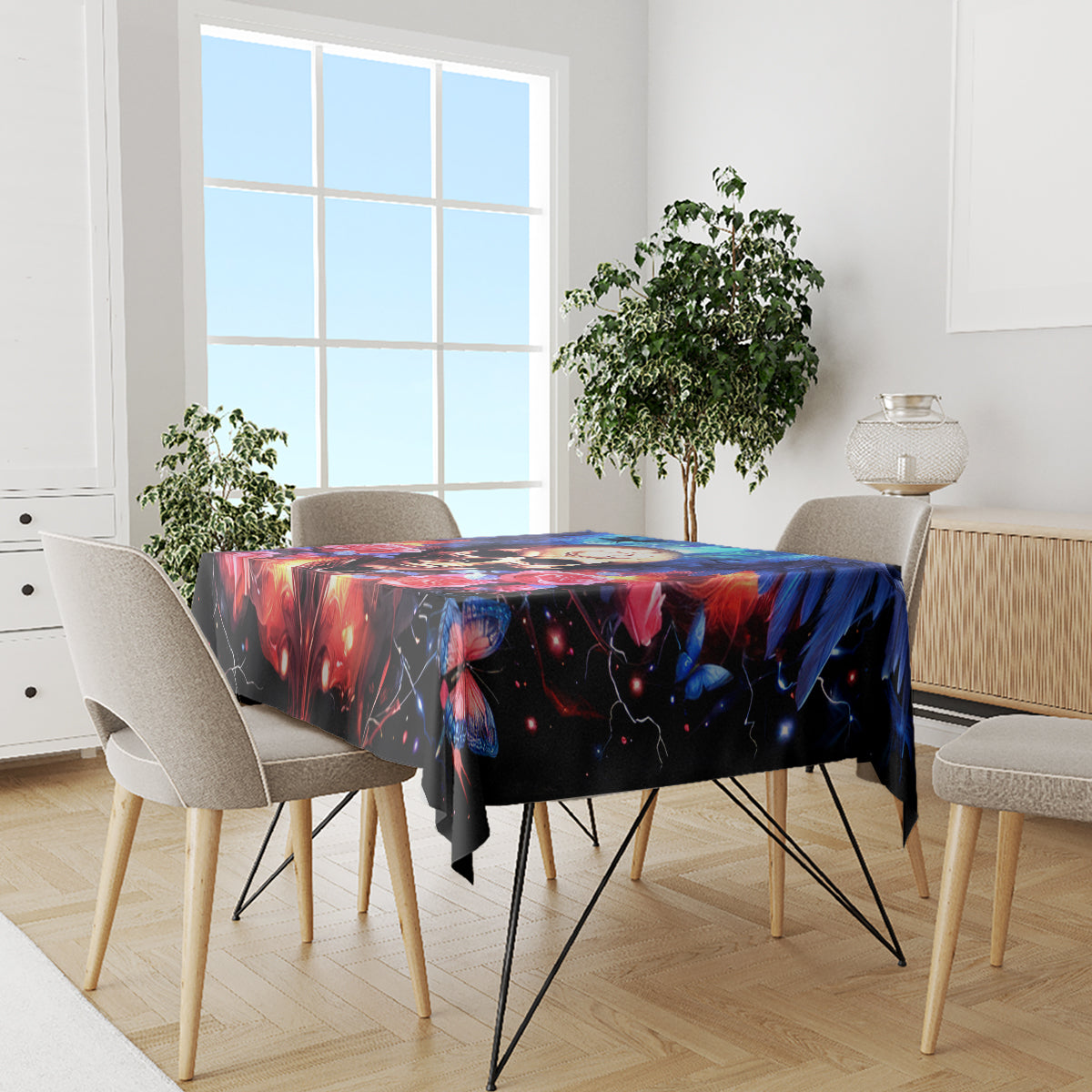 Fairy skull tablecloth on dining table with colorful red, blue, and dark starry artwork