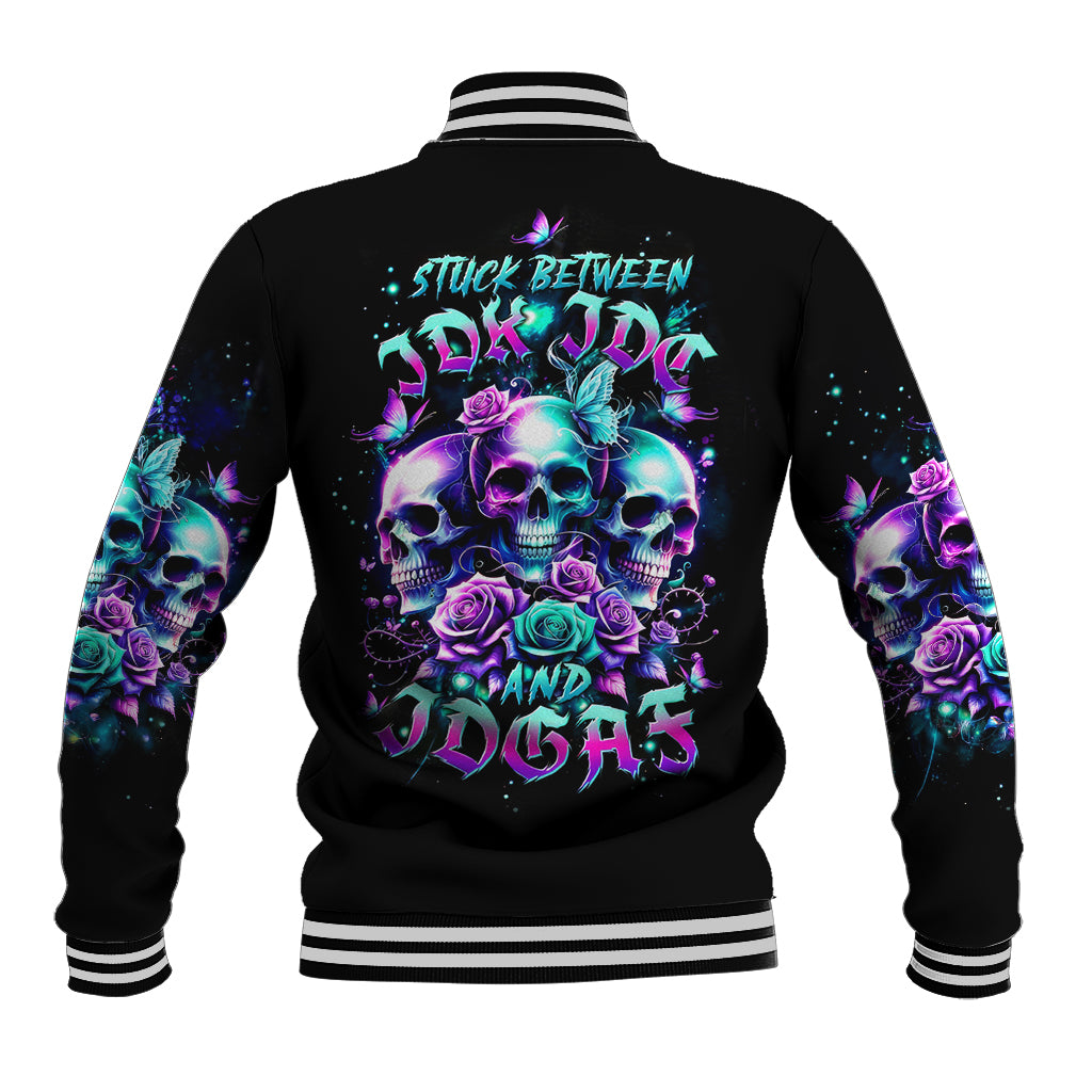 Black baseball jacket with back skull-and-rose graphic, striped ribbed collar and cuffs.