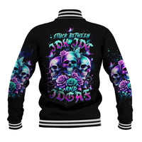 Black baseball jacket with back skull-and-rose graphic, striped ribbed collar and cuffs.