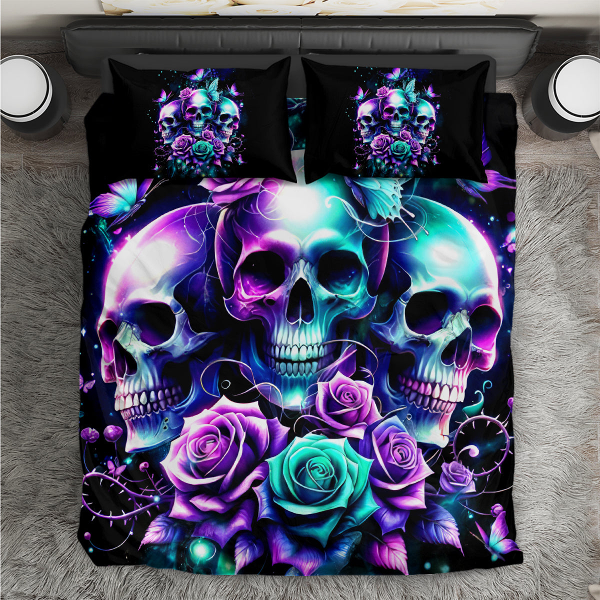Black skull, rose, and butterfly bedding set with two matching decorative pillows