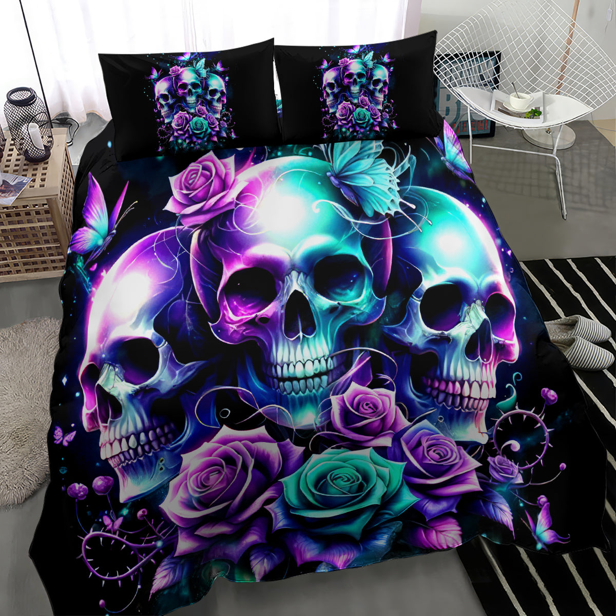 Black skull-themed duvet cover with roses and butterfly, plus two printed pillows