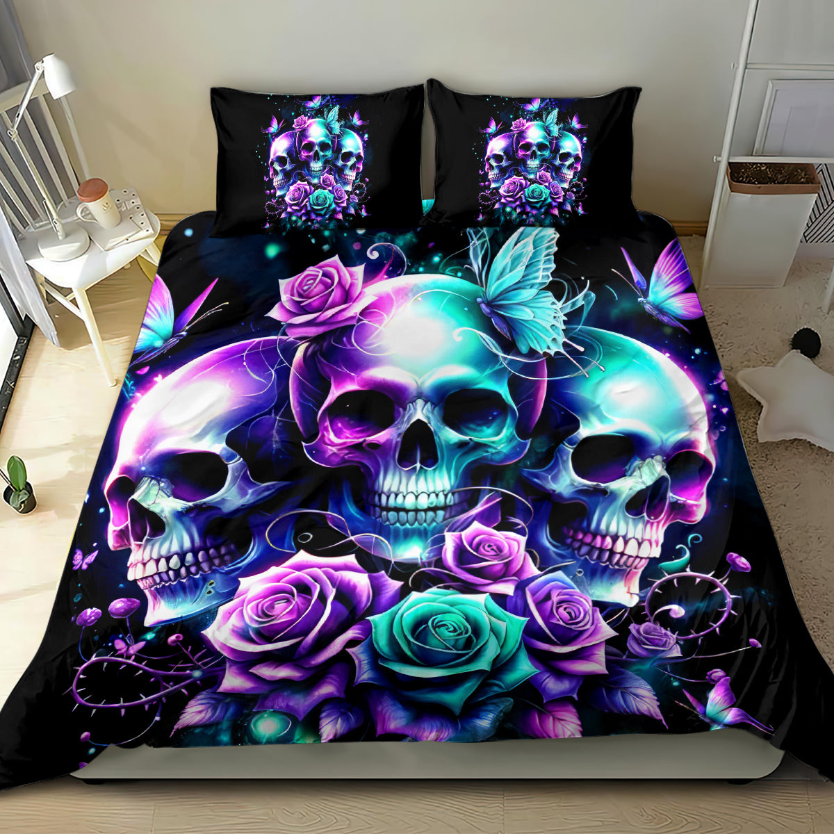 Black skull and rose bedding set with butterfly accents and two matching pillows