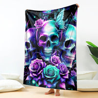 Skull, roses, and teal butterfly throw blanket with bright neon blue and purple