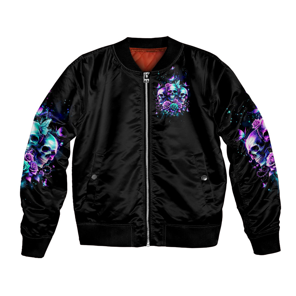 Black bomber jacket with front zip, skull-and-rose chest print, ribbed hem