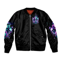 Black bomber jacket with front zip, skull-and-rose chest print, ribbed hem