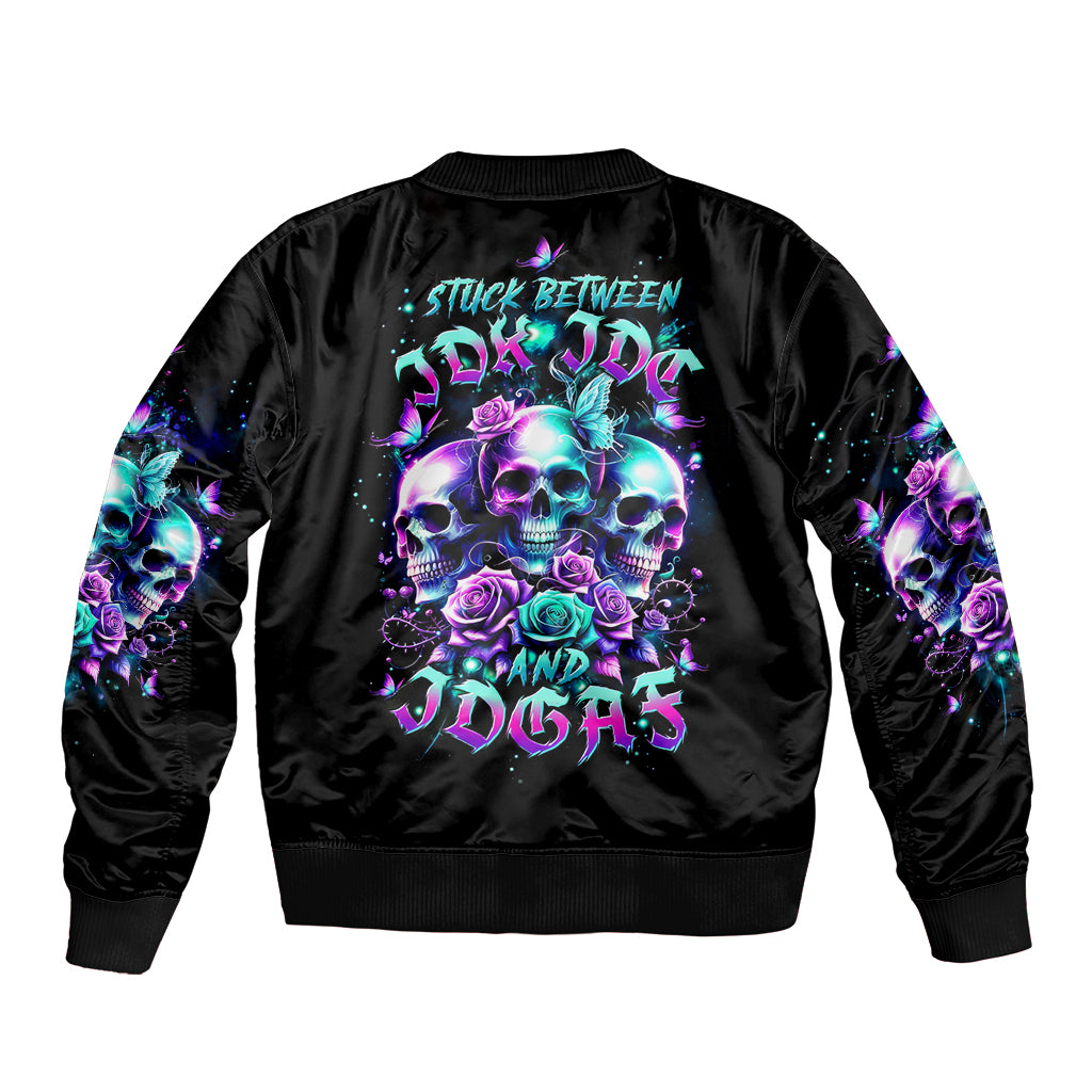 Black satin bomber jacket with skull-and-rose back graphic, ribbed collar and cuffs
