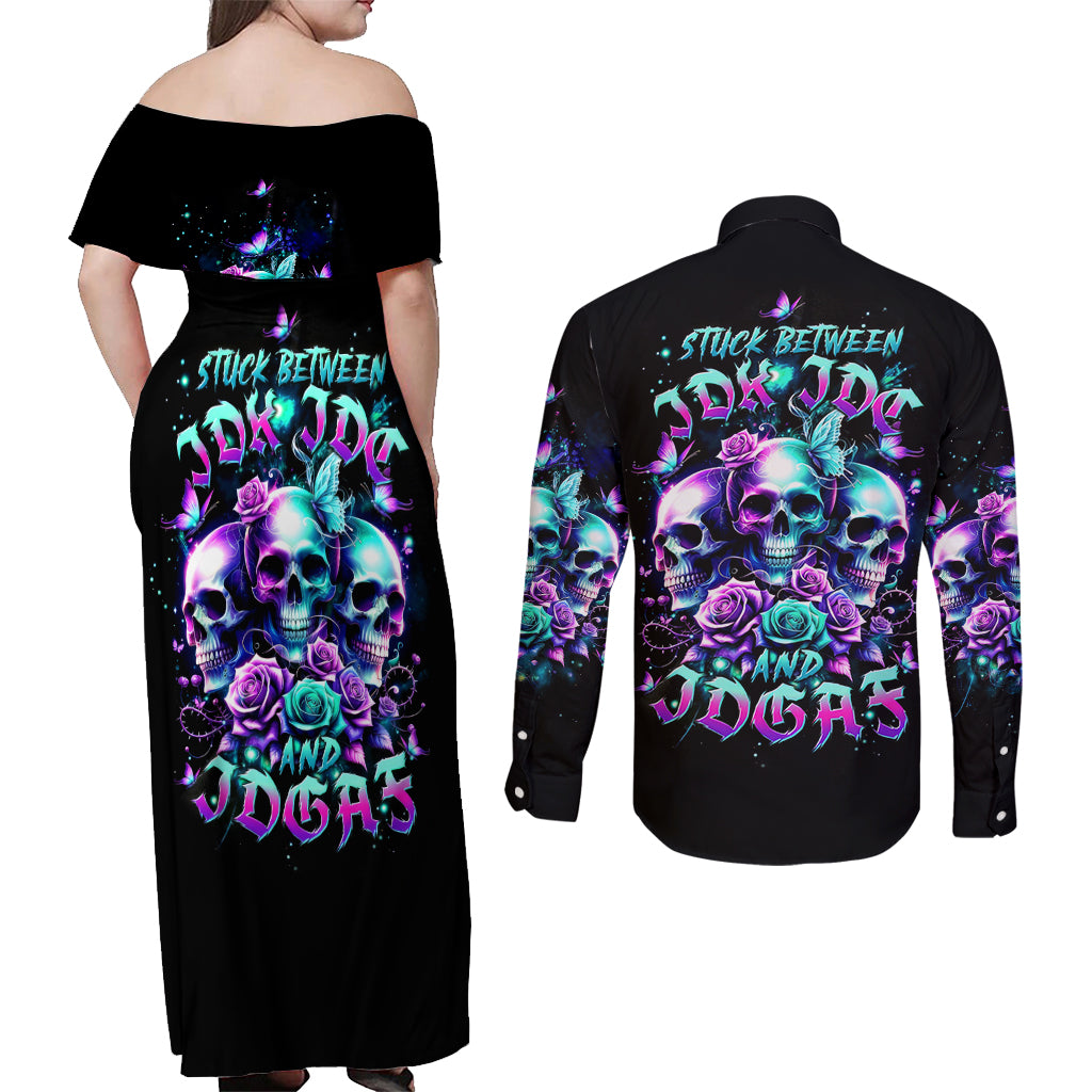 Rose Skull Couples Matching Off Shoulder Maxi Dress and Long Sleeve Button Shirt Stuck Between IDK IDC And IDGAF - Wonder Print Shop