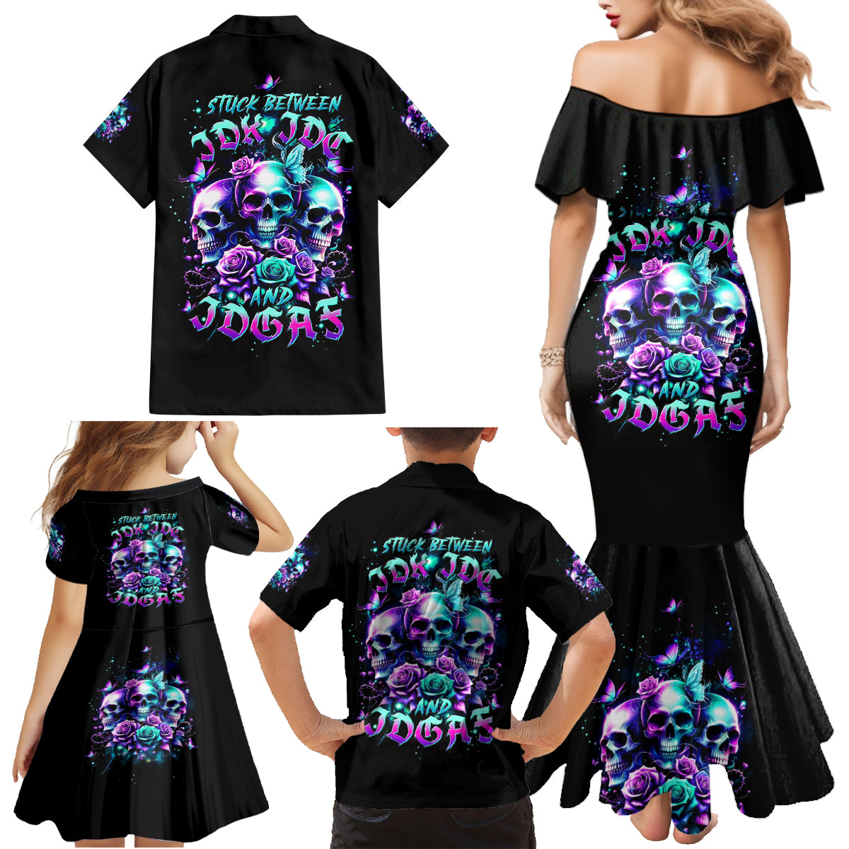 Rose Skull Family Matching Mermaid Dress and Hawaiian Shirt Stuck Between IDK IDC And IDGAF - Wonder Print Shop