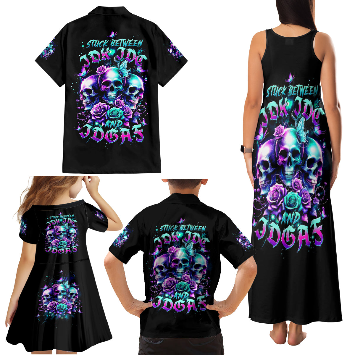 Rose Skull Family Matching Tank Maxi Dress and Hawaiian Shirt Stuck Between IDK IDC And IDGAF - Wonder Print Shop