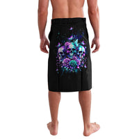 Black beach shorts with purple skull and rose graphic on front