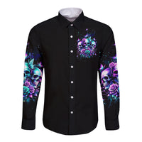 Black long-sleeve button shirt with front skull, rose and sleeve graphics