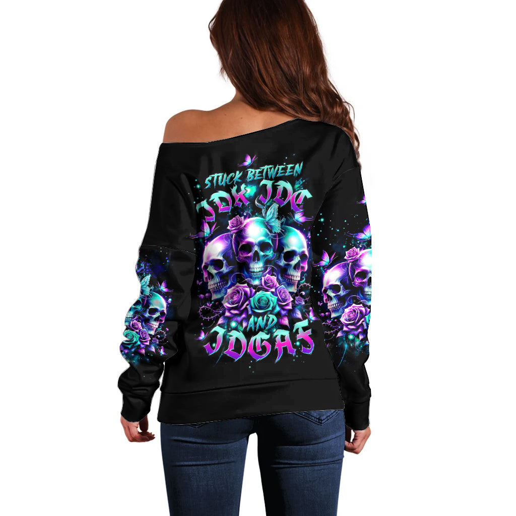 Rose Skull Off Shoulder Sweater Stuck Between IDK IDC And IDGAF - Wonder Print Shop