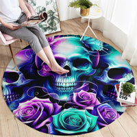 Round skull and rose area rug with purple and teal skull and roses, circular edge