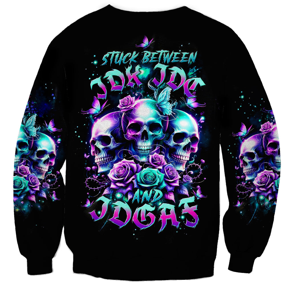 Black unisex sweatshirt with large neon skull, rose, and text graphic on front