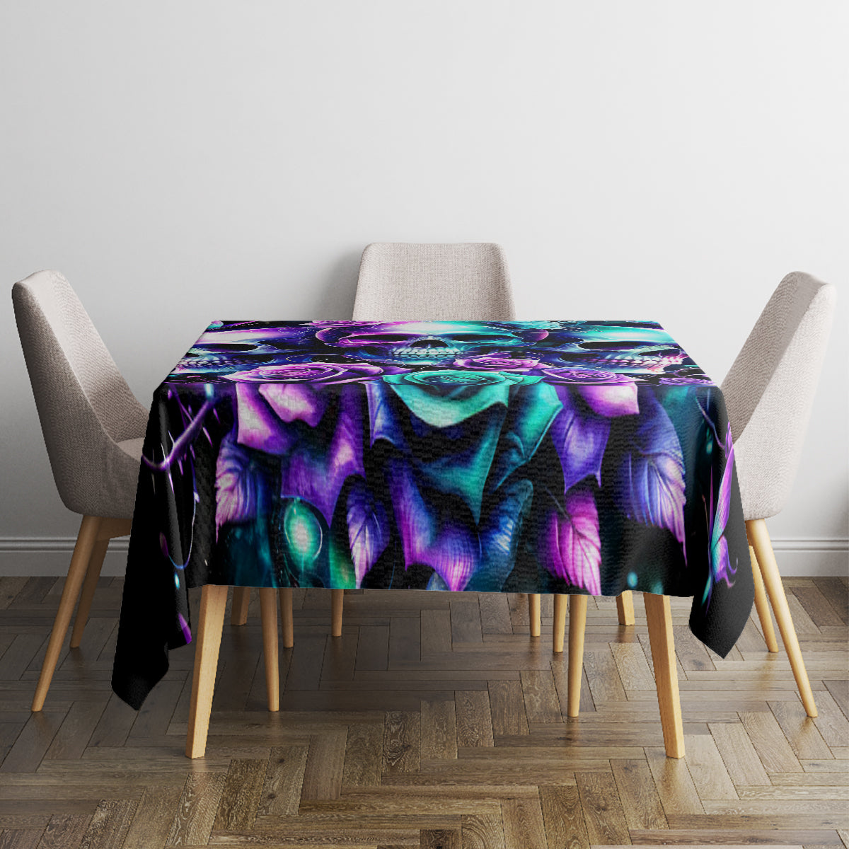 Black skull and rose print tablecloth on square dining table with vivid purple and teal pattern