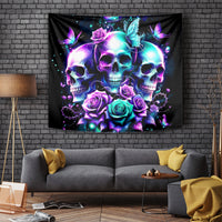 Black skull tapestry with central skulls, roses, and colorful glowing butterflies