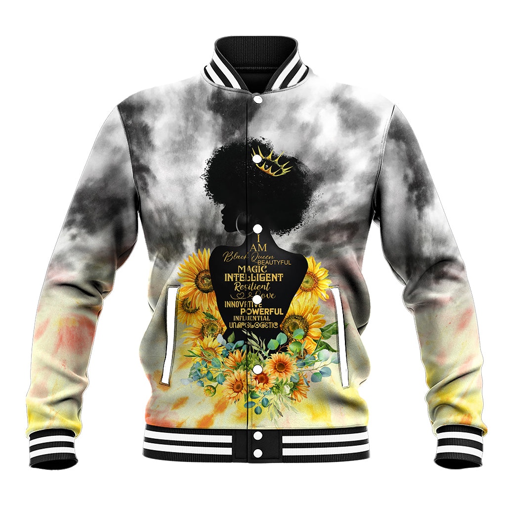 Tie-dye baseball jacket with floral graphic, varsity collar, snap front