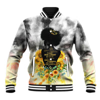 Tie-dye baseball jacket with floral graphic, varsity collar, snap front
