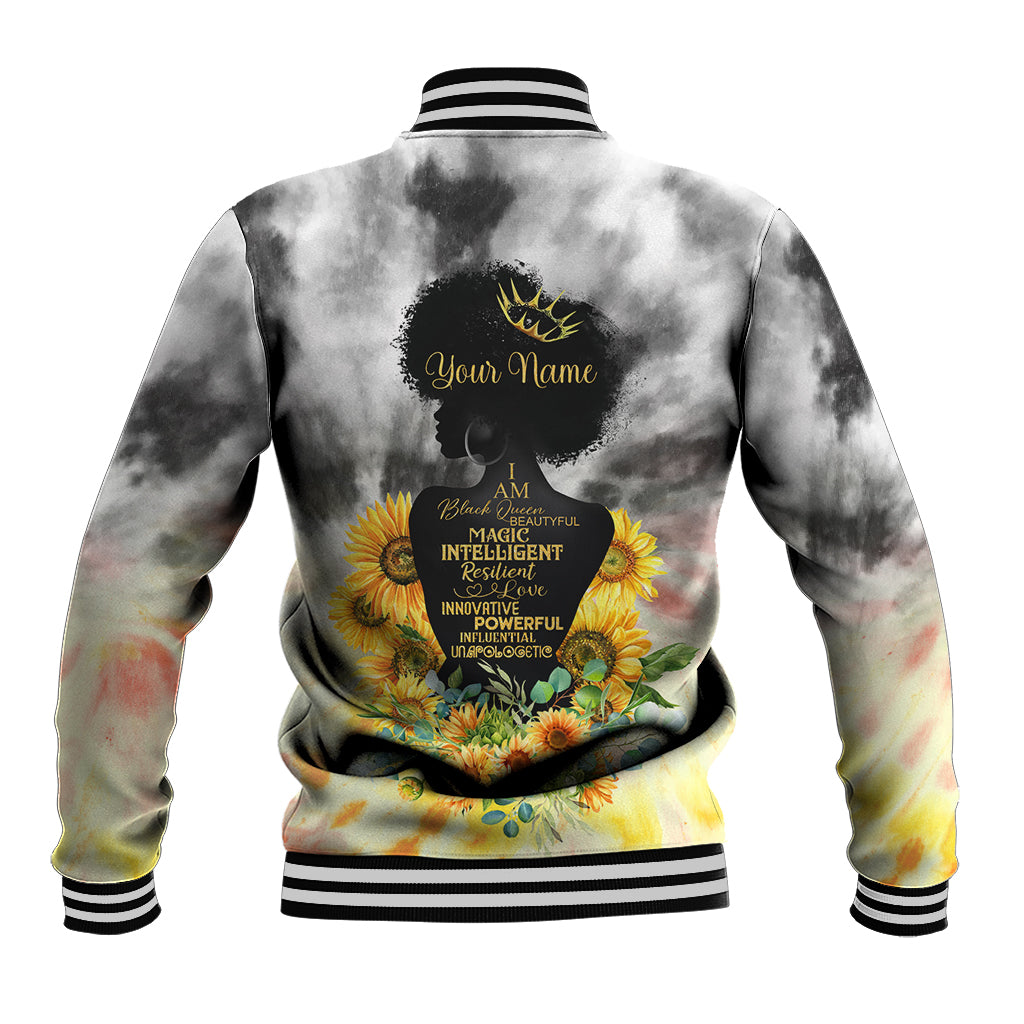 Tie-dye baseball jacket with floral back graphic and striped ribbed collar