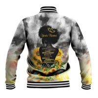 Tie-dye baseball jacket with floral back graphic and striped ribbed collar