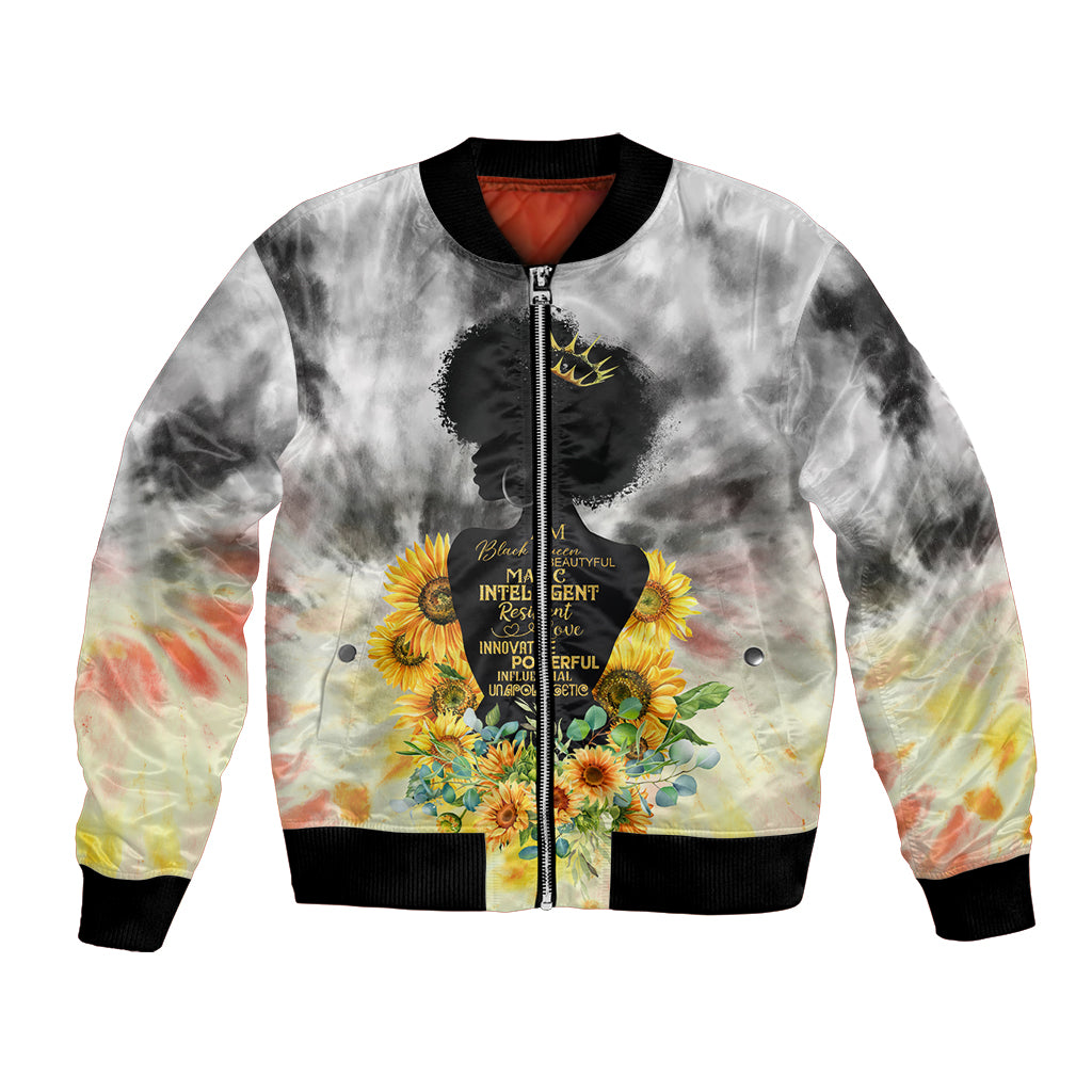 Black and white tie-dye bomber jacket with front zipper, floral portrait and text graphic