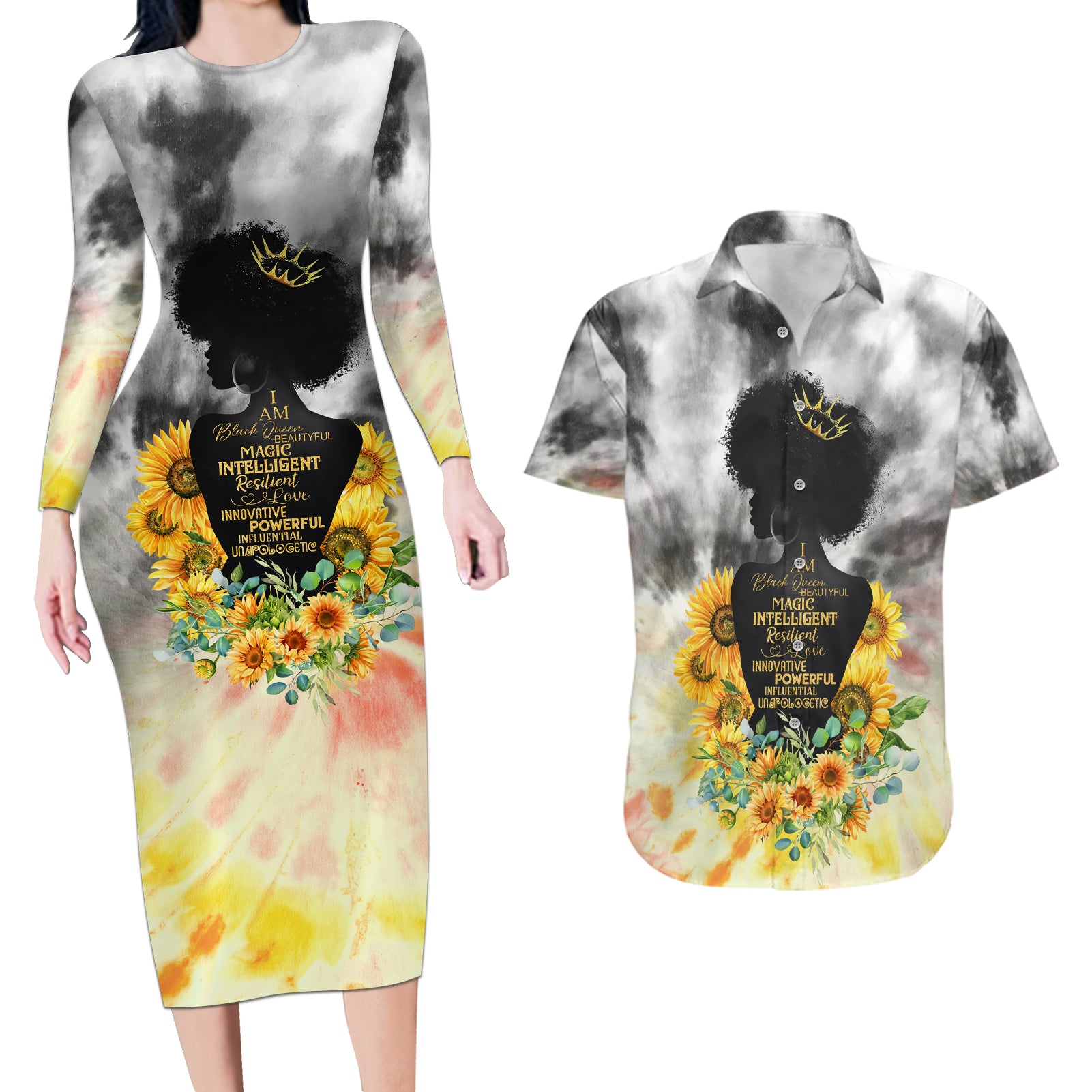 I Am Black Queen Couples Matching Long Sleeve Bodycon Dress and Hawaiian Shirt Flowers Retro Style - Wonder Print Shop