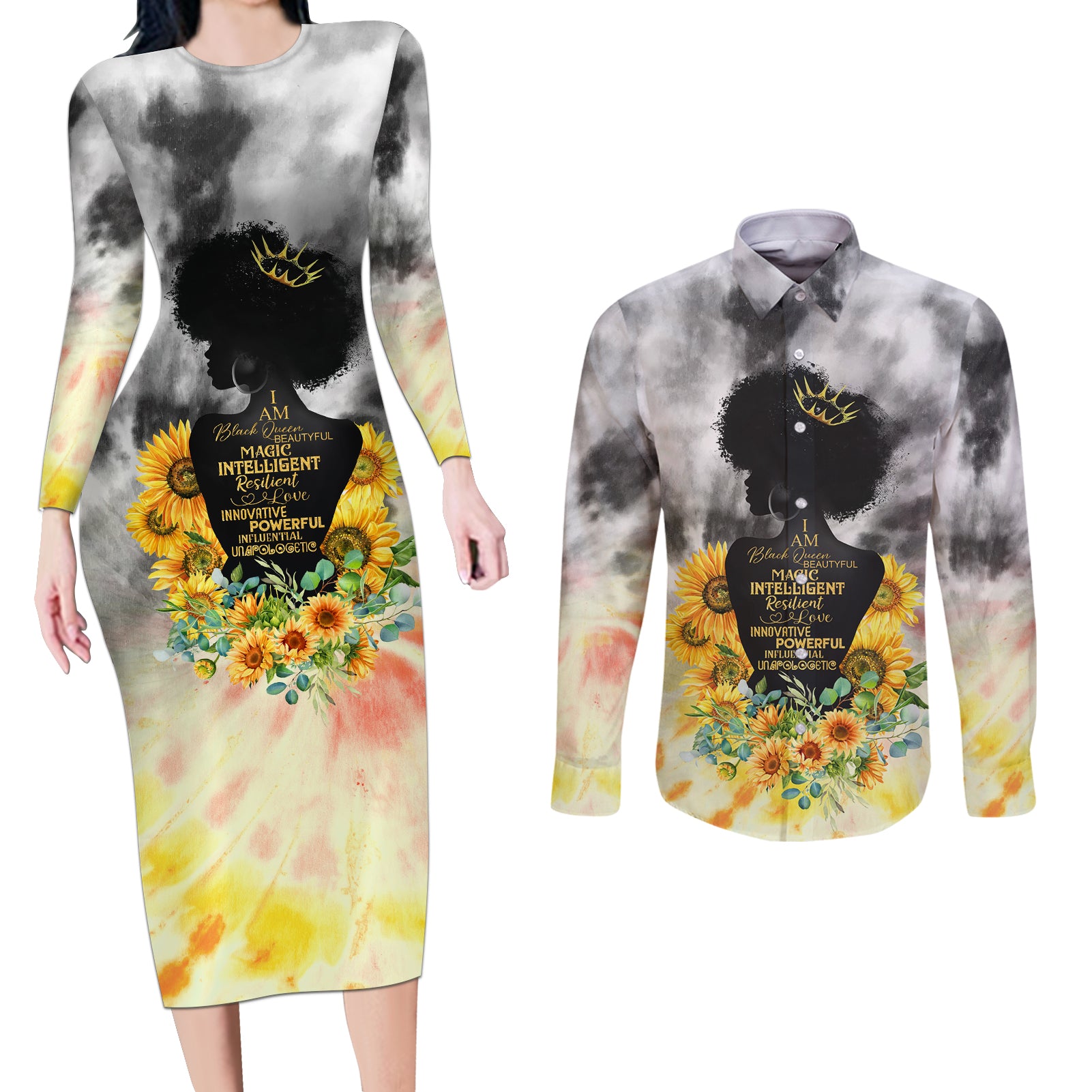 I Am Black Queen Couples Matching Long Sleeve Bodycon Dress and Long Sleeve Button Shirt Flowers Retro Style - Wonder Print Shop