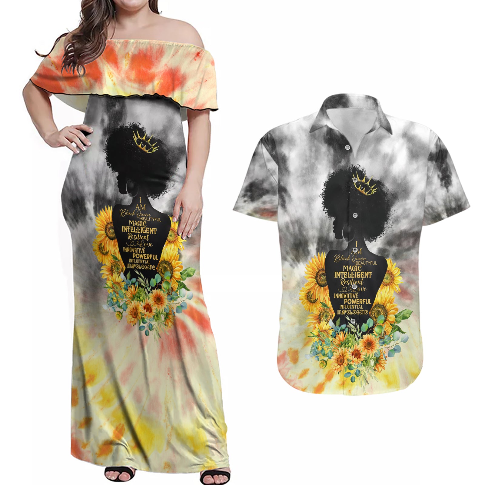 I Am Black Queen Couples Matching Off Shoulder Maxi Dress and Hawaiian Shirt Flowers Retro Style - Wonder Print Shop