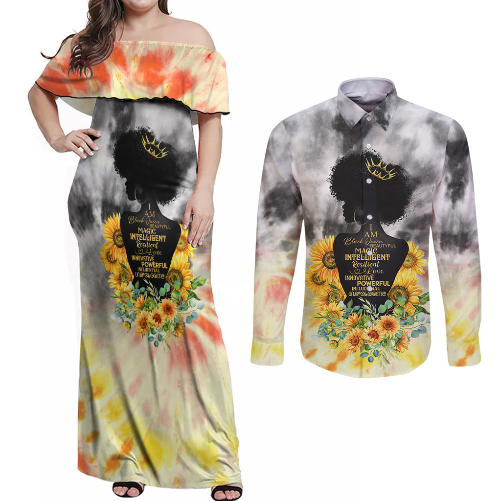 I Am Black Queen Couples Matching Off Shoulder Maxi Dress and Long Sleeve Button Shirt Flowers Retro Style - Wonder Print Shop