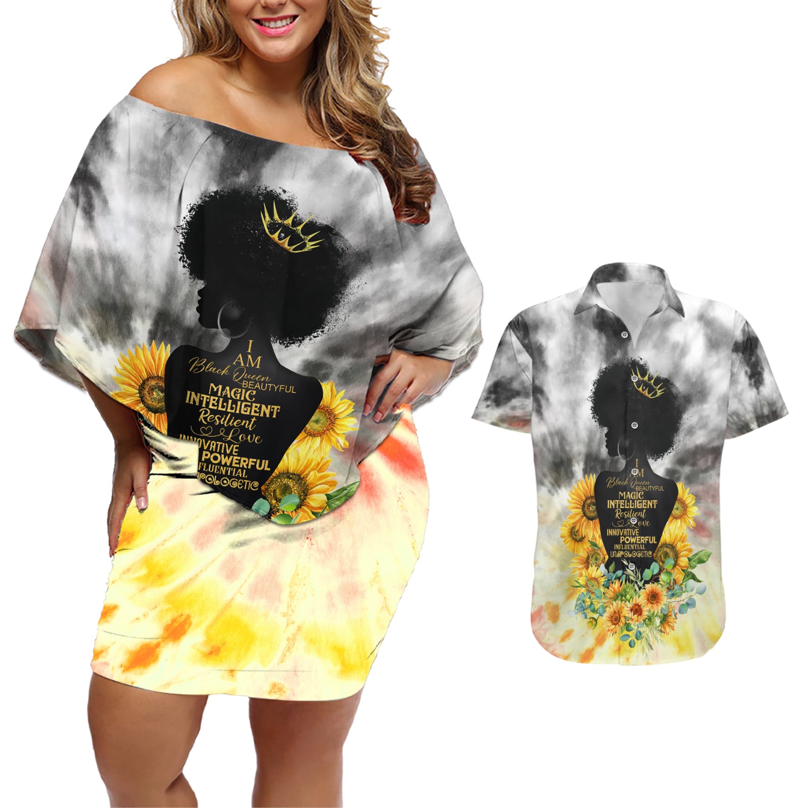 I Am Black Queen Couples Matching Off Shoulder Short Dress and Hawaiian Shirt Flowers Retro Style - Wonder Print Shop