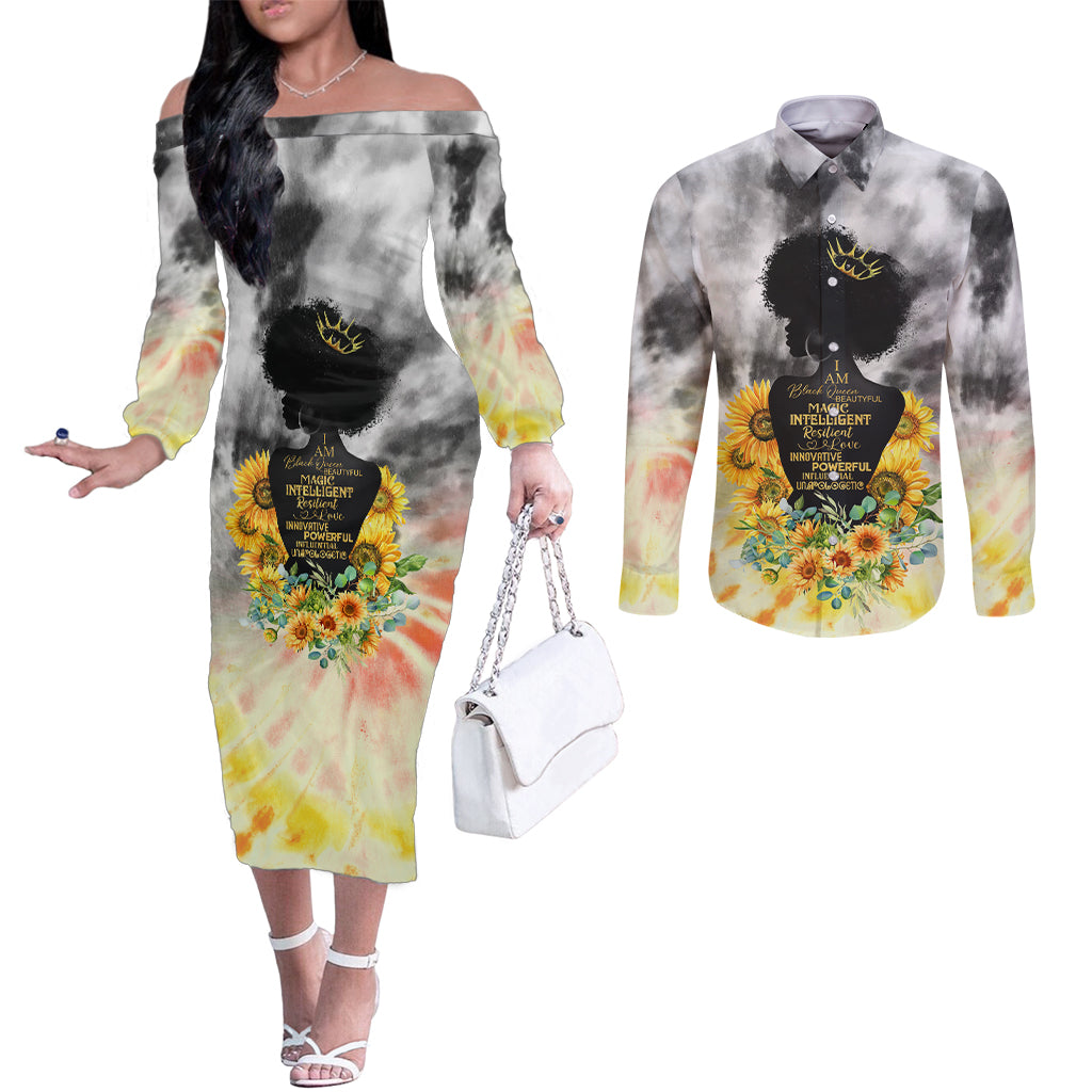 I Am Black Queen Couples Matching Off The Shoulder Long Sleeve Dress and Long Sleeve Button Shirt Flowers Retro Style