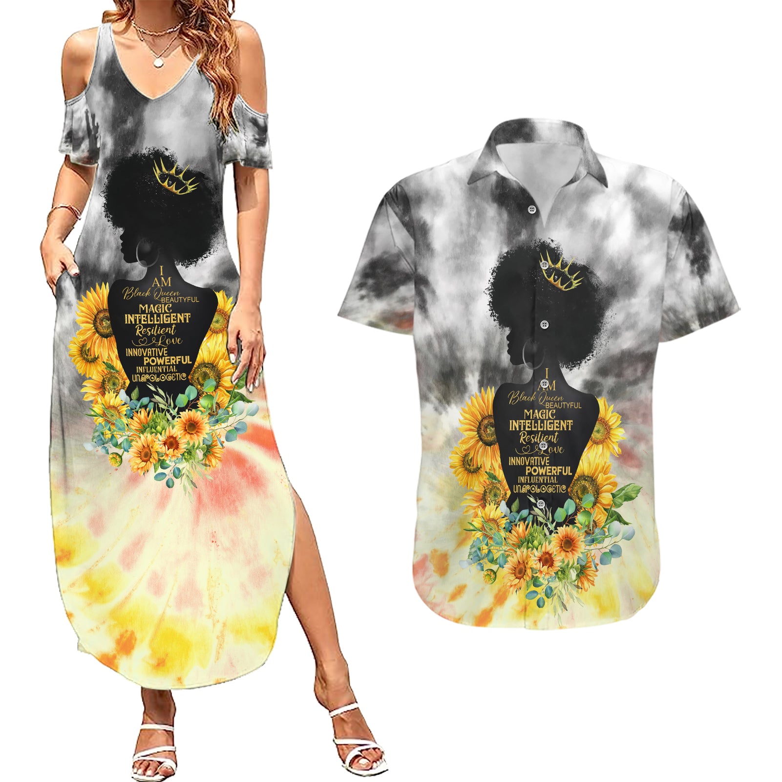 I Am Black Queen Couples Matching Summer Maxi Dress and Hawaiian Shirt Flowers Retro Style - Wonder Print Shop