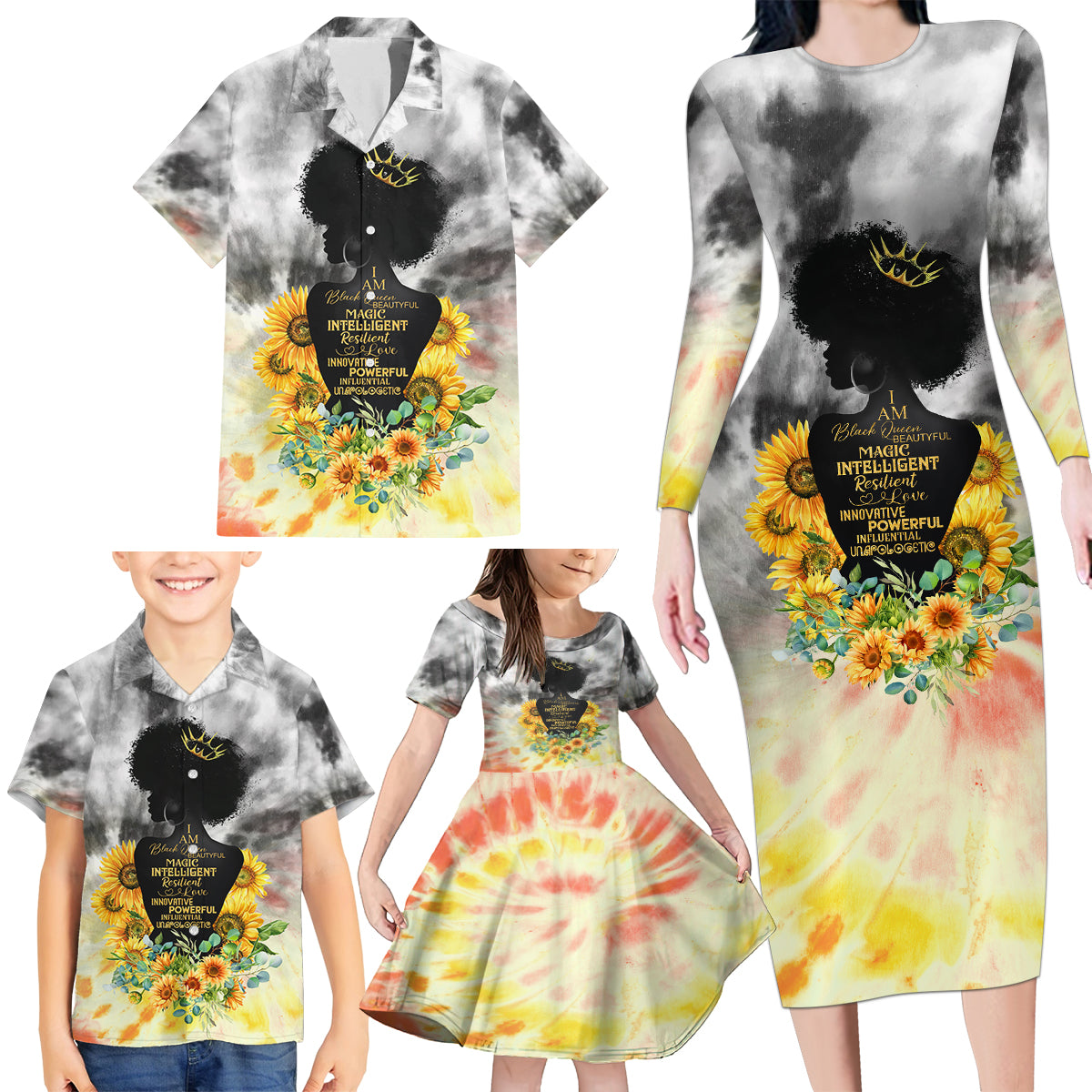 I Am Black Queen Family Matching Long Sleeve Bodycon Dress and Hawaiian Shirt Flowers Retro Style - Wonder Print Shop