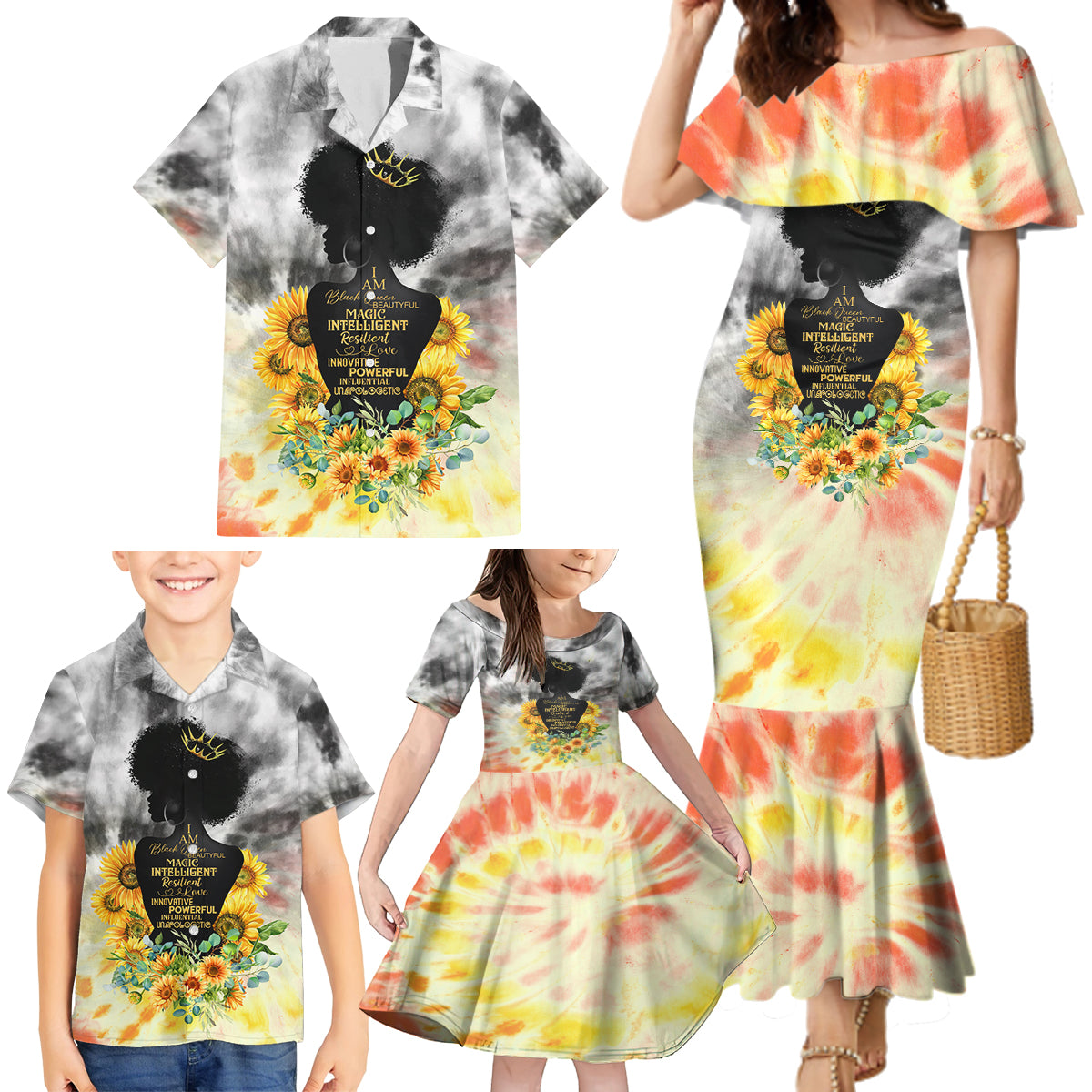 I Am Black Queen Family Matching Mermaid Dress and Hawaiian Shirt Flowers Retro Style - Wonder Print Shop