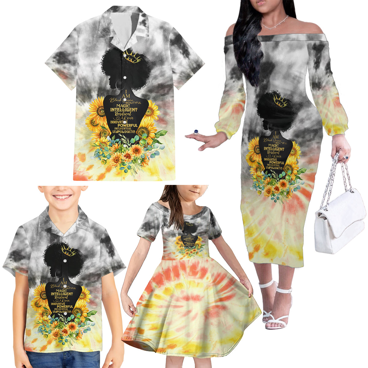 I Am Black Queen Family Matching Off The Shoulder Long Sleeve Dress and Hawaiian Shirt Flowers Retro Style - Wonder Print Shop