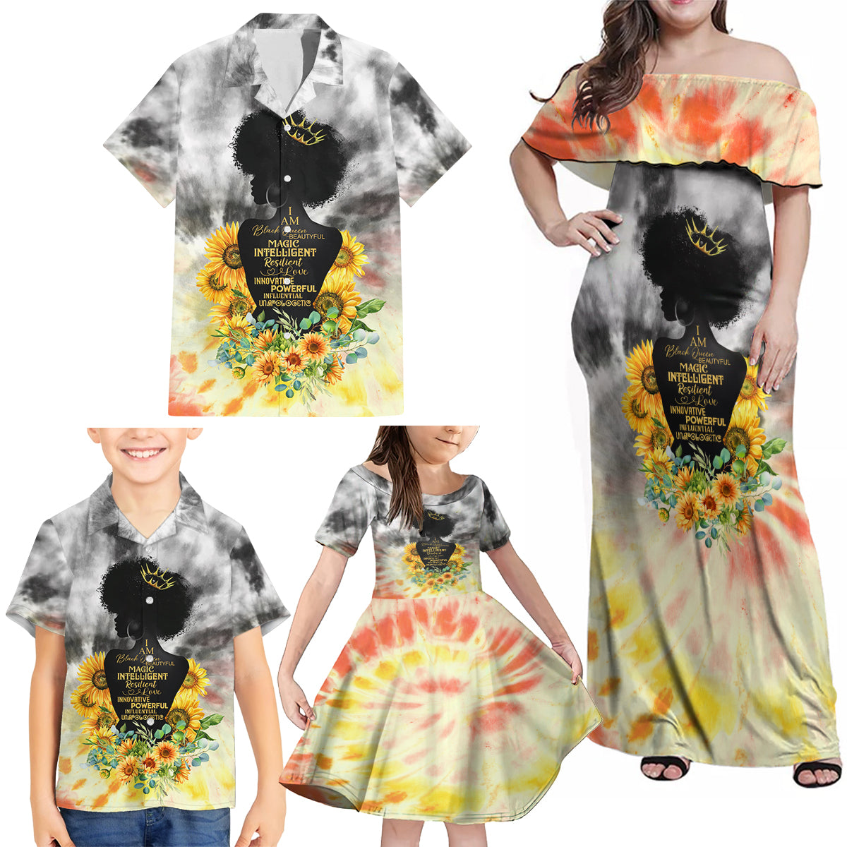 I Am Black Queen Family Matching Off Shoulder Maxi Dress and Hawaiian Shirt Flowers Retro Style - Wonder Print Shop