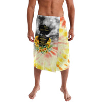 Tie-dye floral lavalava skirt with black portrait graphic, elastic waistband