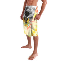 Floral tie-dye lavalava skirt with black portrait and sunset colors at hem