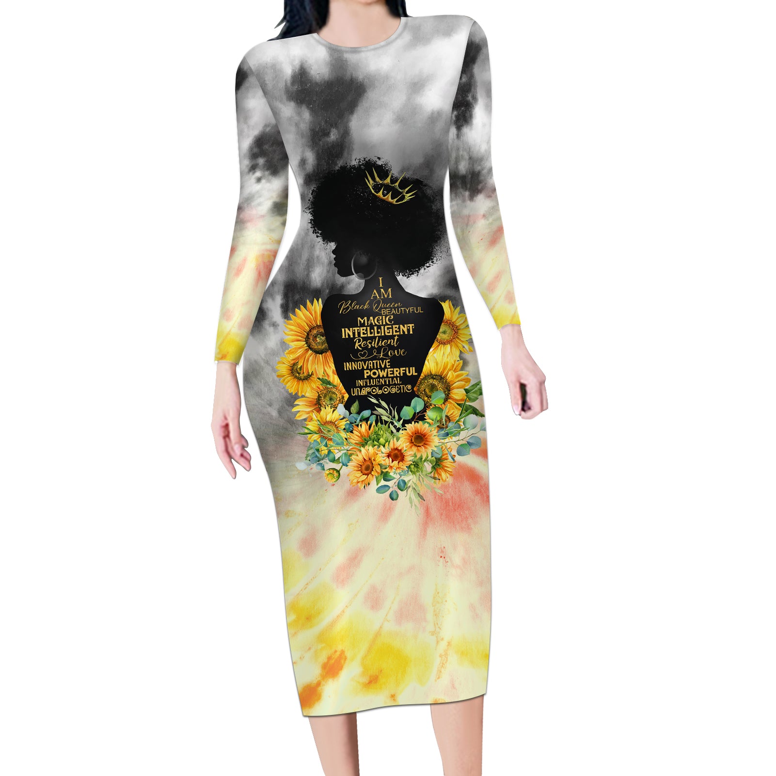 I Am Black Queen Long Sleeve Bodycon Dress Flowers Retro Style - Wonder Print Shop