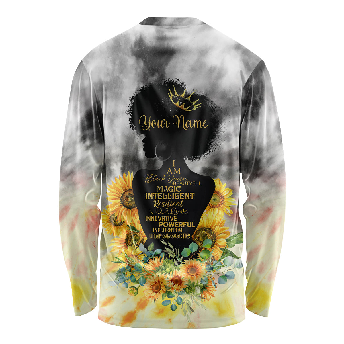 Long-sleeve crewneck shirt with black-gray tie-dye, sunflower floral art, 'Your Name'