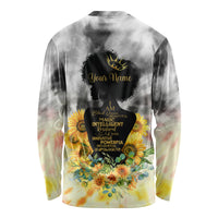 Long-sleeve crewneck shirt with black-gray tie-dye, sunflower floral art, 'Your Name'