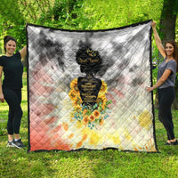 Large quilt blanket with diamond stitching, black portrait and bright flower bouquet on pastel gradient