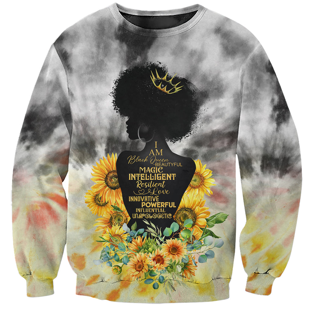 Unisex tie-dye sweatshirt with queen portrait, crown, and yellow sunflower floral print