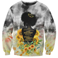 Unisex tie-dye sweatshirt with queen portrait, crown, and yellow sunflower floral print