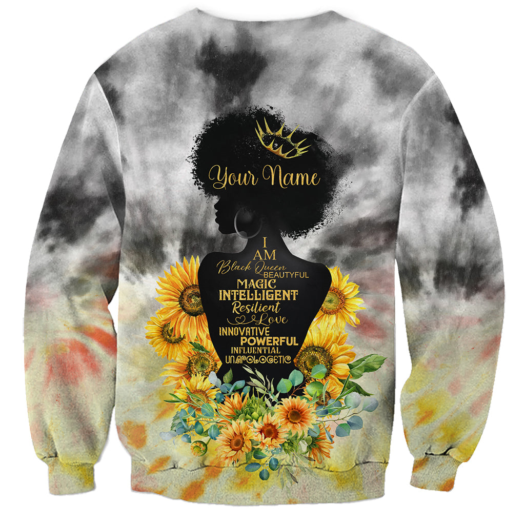 Unisex tie-dye sweatshirt with 'Your Name', queen portrait, crown, and sunflower floral print