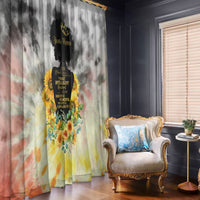 Floral retro window curtain panels, gray tie-dye with black panel and yellow sunflower print