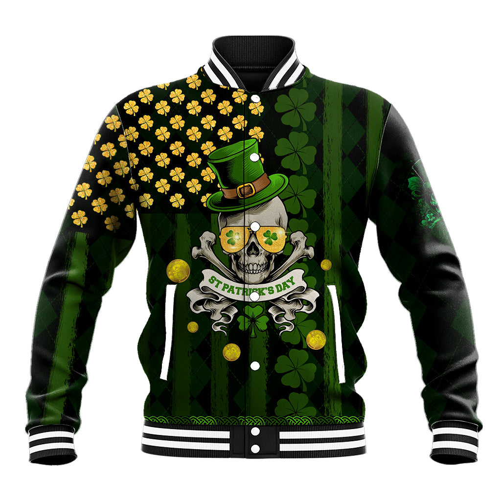 Unisex black baseball jacket with green shamrock skull front graphic and striped rib trim